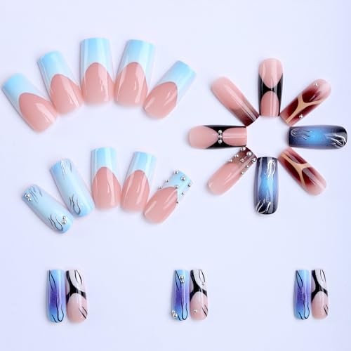 Medium Square Press on Nails, Gradient Blue Pink Acrylic Fake Nails Long 50