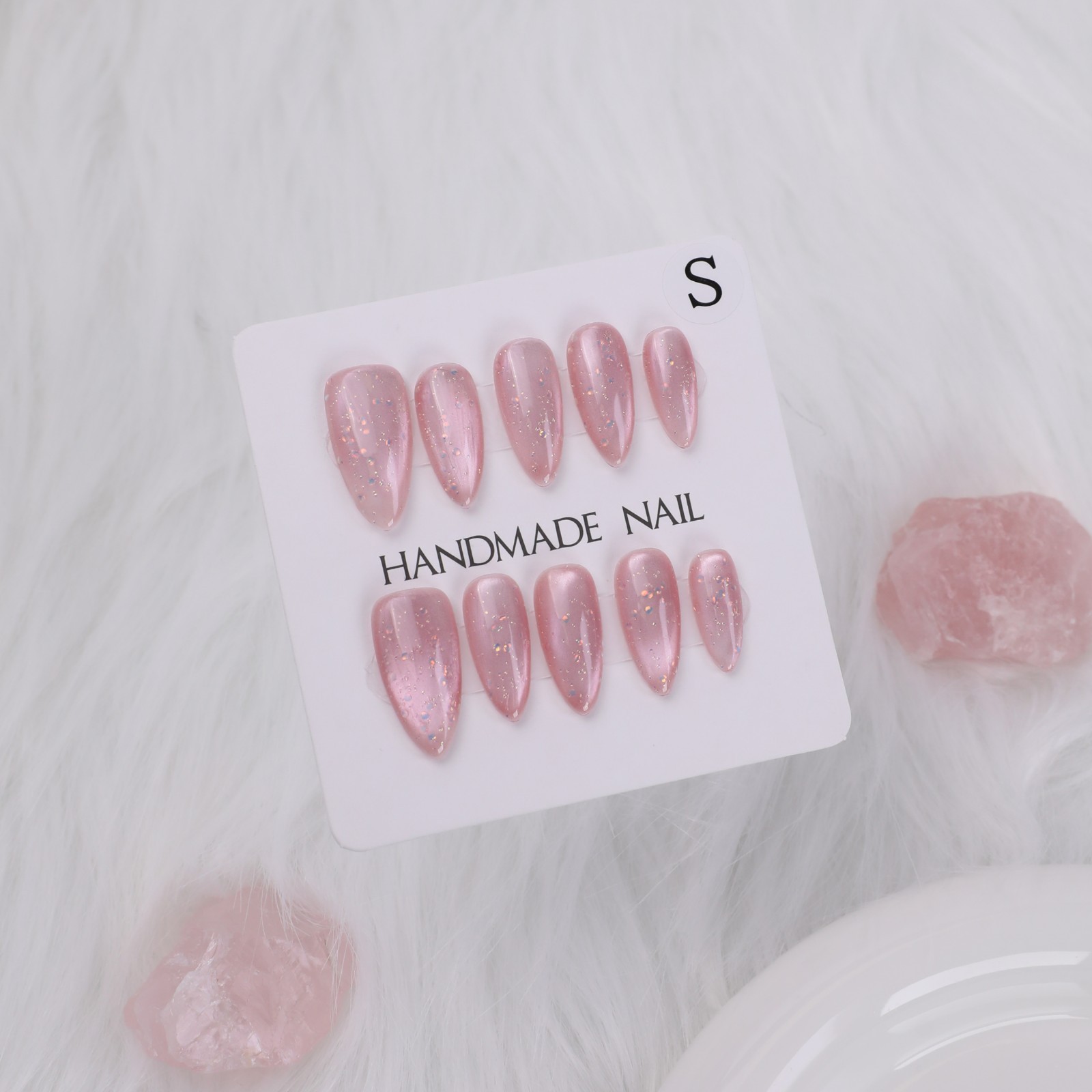 Sakura Pink Cat Eye Almond Press On Nails – Gold Foil Glitter Bridal False Nails