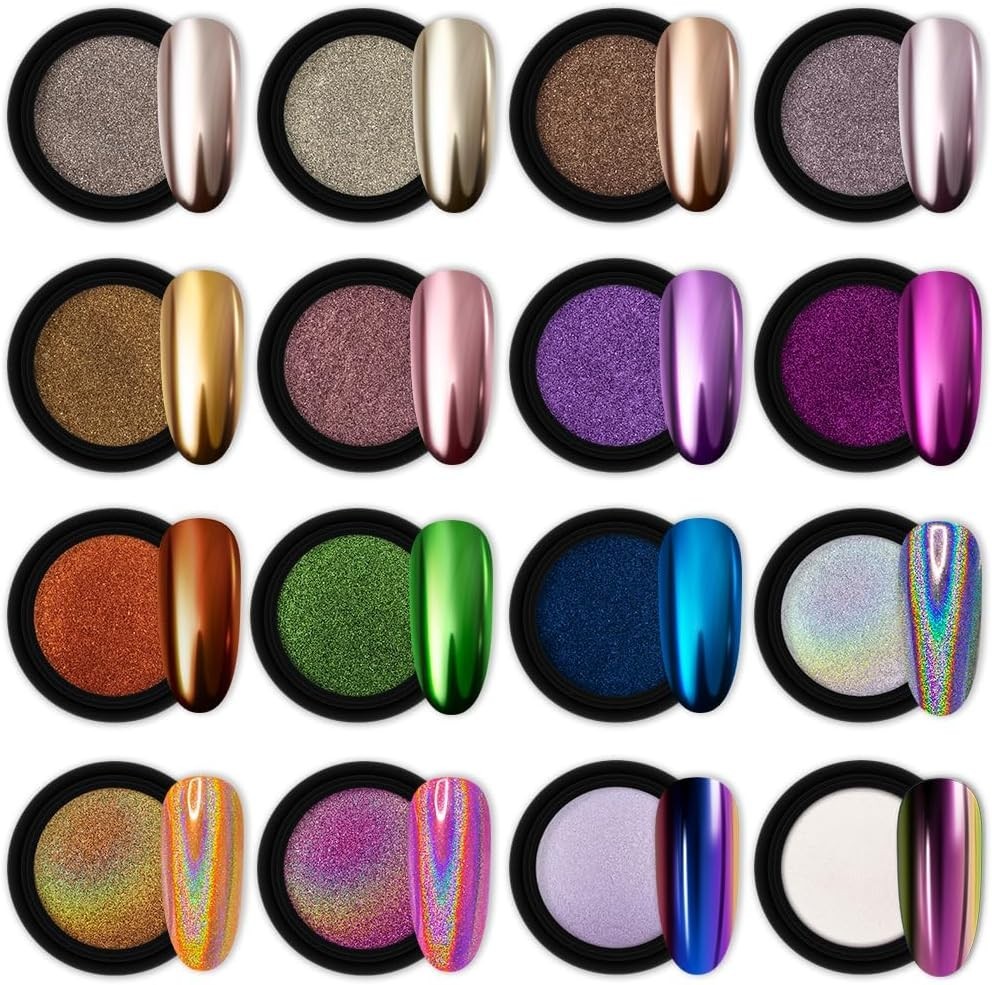 16-Piece Mirror Effect Chrome Nail Powder Set for Professional Nail Artistry
