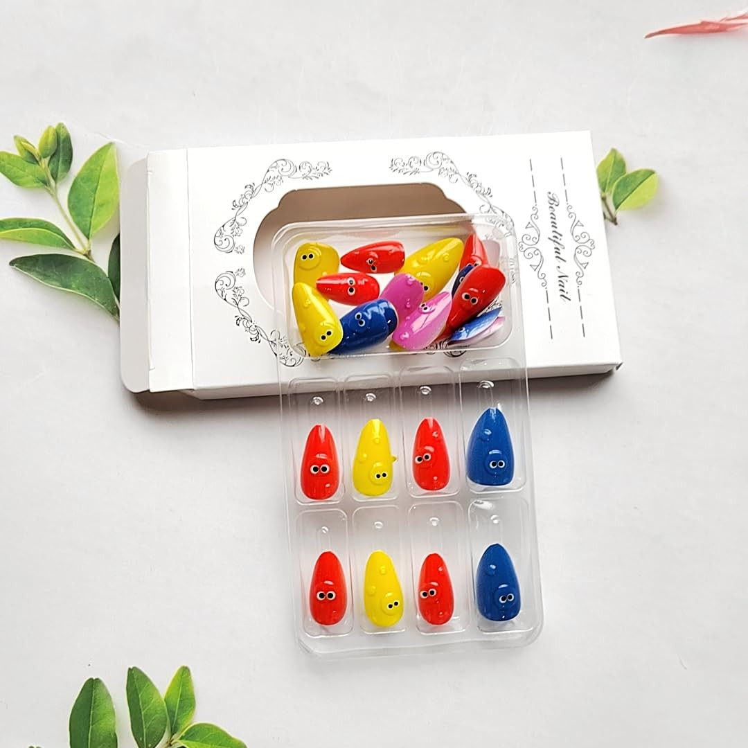 30Pcs Summer Colorful Press on Nails Short Almond Fake Nails with 3D Cartoon Eye