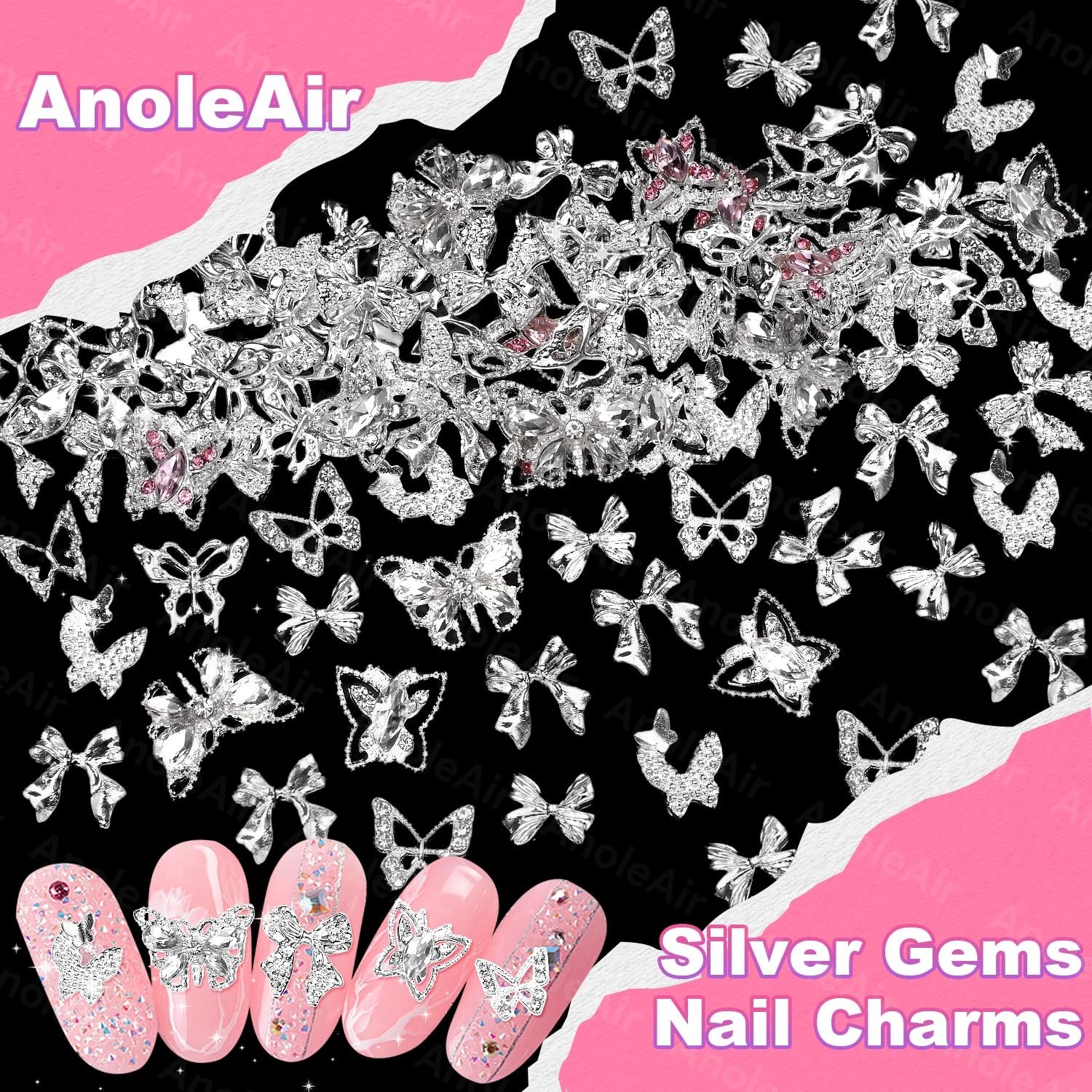 80 Pcs Silver Butterfly Nail Charms and Gems, 3D Pink Color Butterfly COLOR-S2