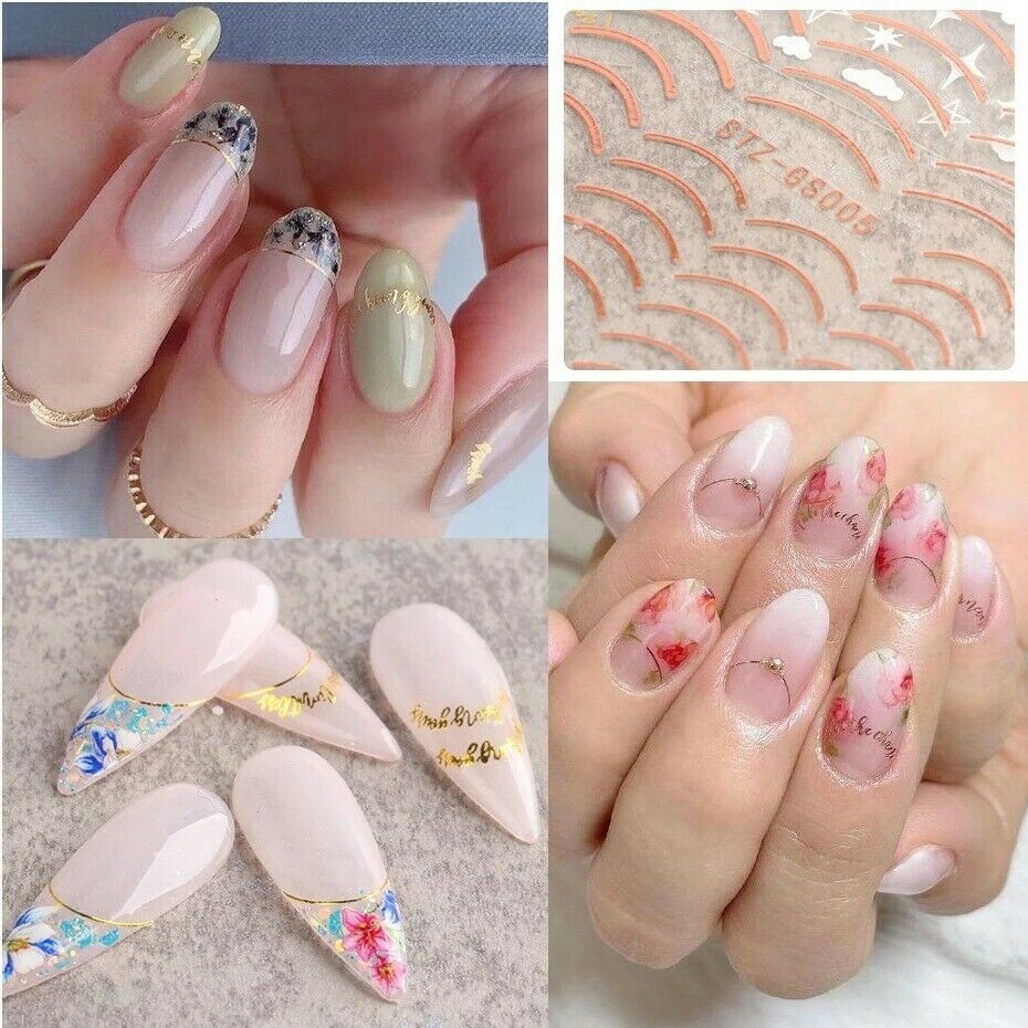Nail Art Stickers Decals Rose Gold Lace Abstract Lines French Line Manicure NS33