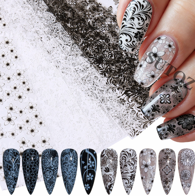 10Pcs Black White Flower Vine Lace Foils Nail Art Transfer Stickers #F NH30