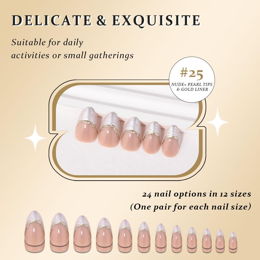 French Tip Press on Nails Short Almond No Glue, Nude Gold Line & Pearl White Tip
