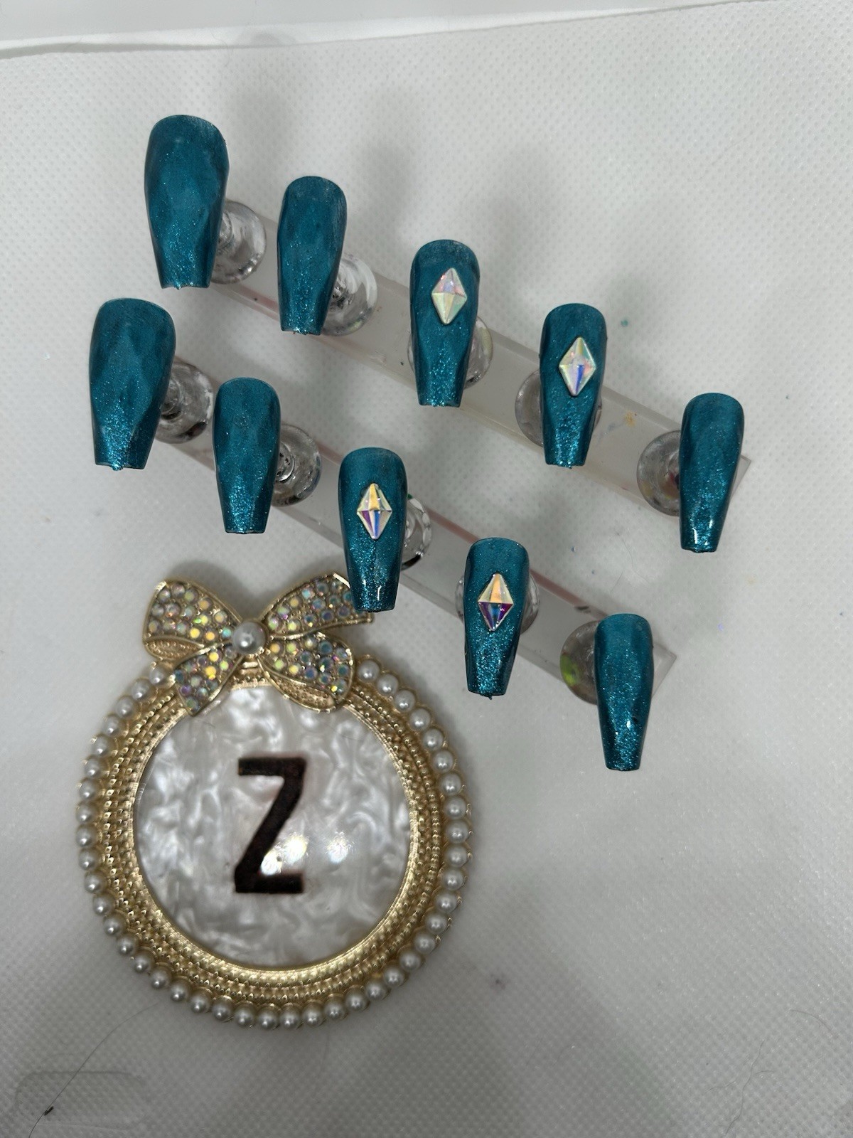 Z NAILZ! Handmade M Coffin Tesl Faceted Shiny W/AB Stones Press On Nails