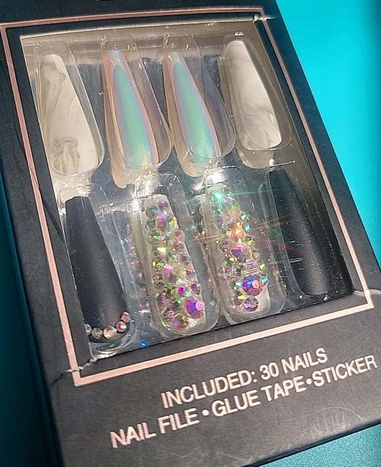 Beautiful New Luxury Nails, Black, Pearlescent, Marble, W/rhinestones