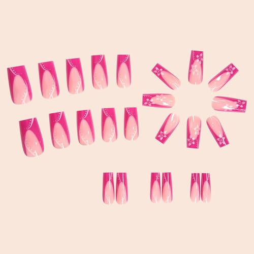 Press on Nails Long Square Fake Nails Glossy Glue on Nails Hot 08005Hot Pink