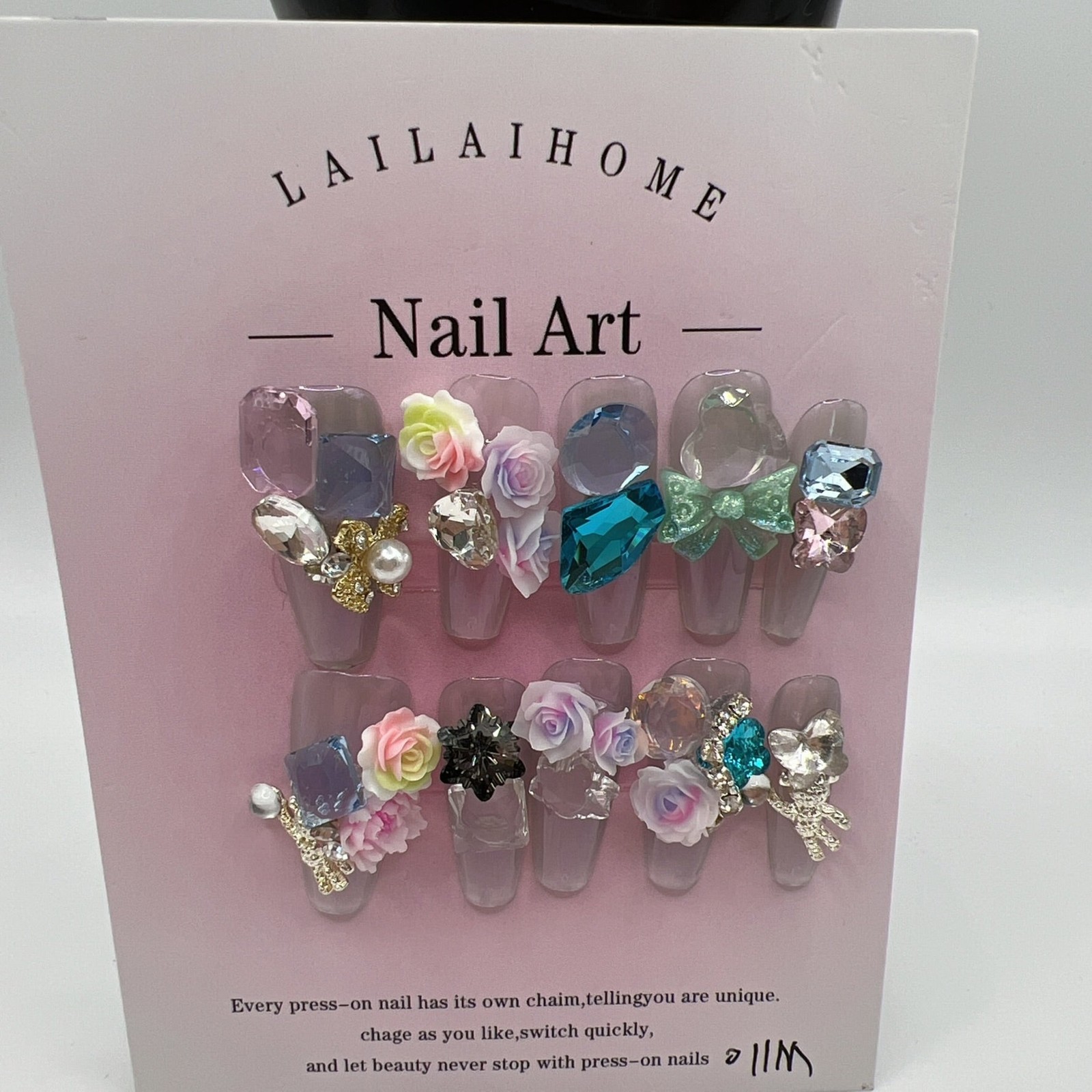 Long Coffin Press On Nails with Heavy Rhinestone & 2D Flower Charms – 8 Designs