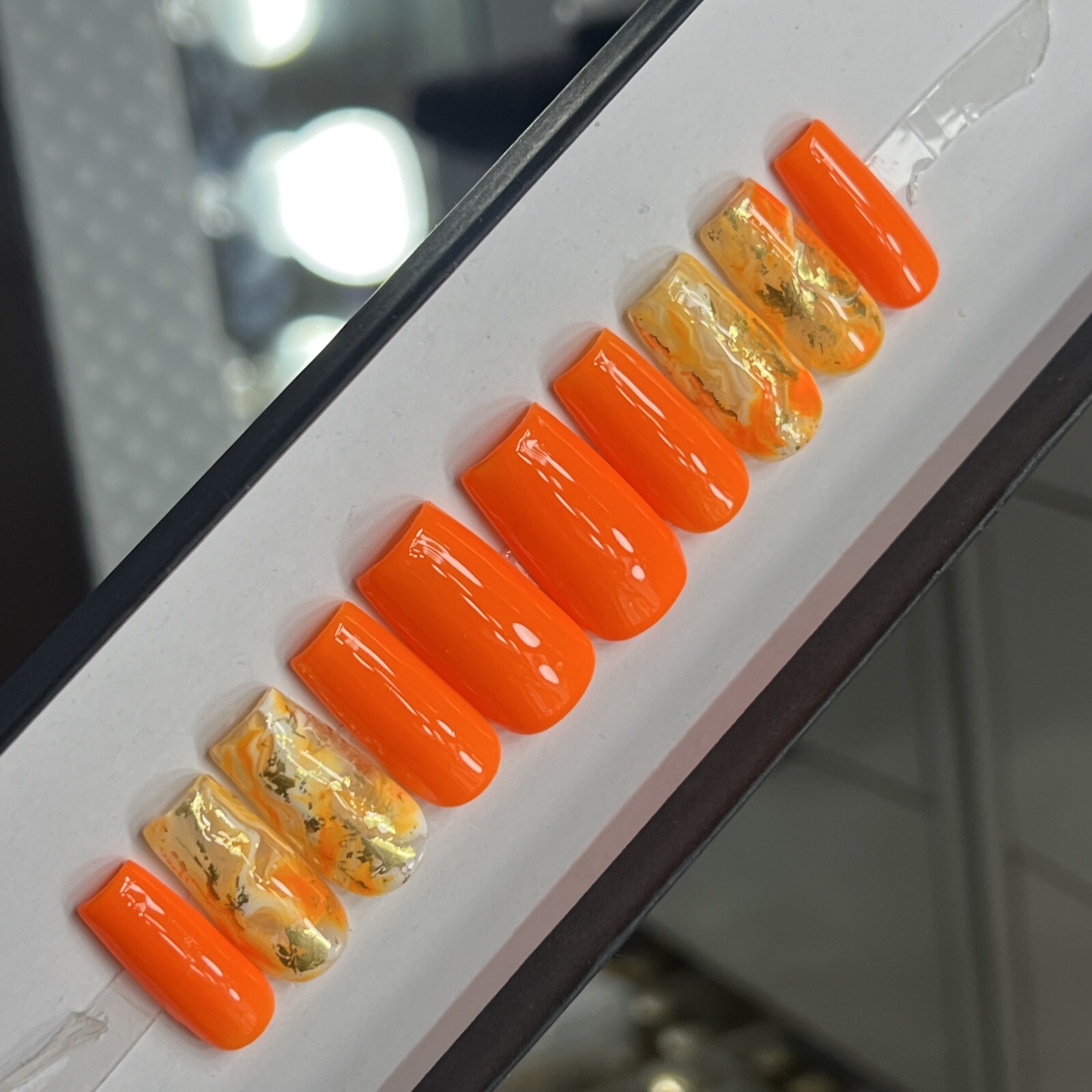🧡 CUSTOM Hard Gel Press On Nails, BLAZING ORANGE W BLING 10p SET W Kit
