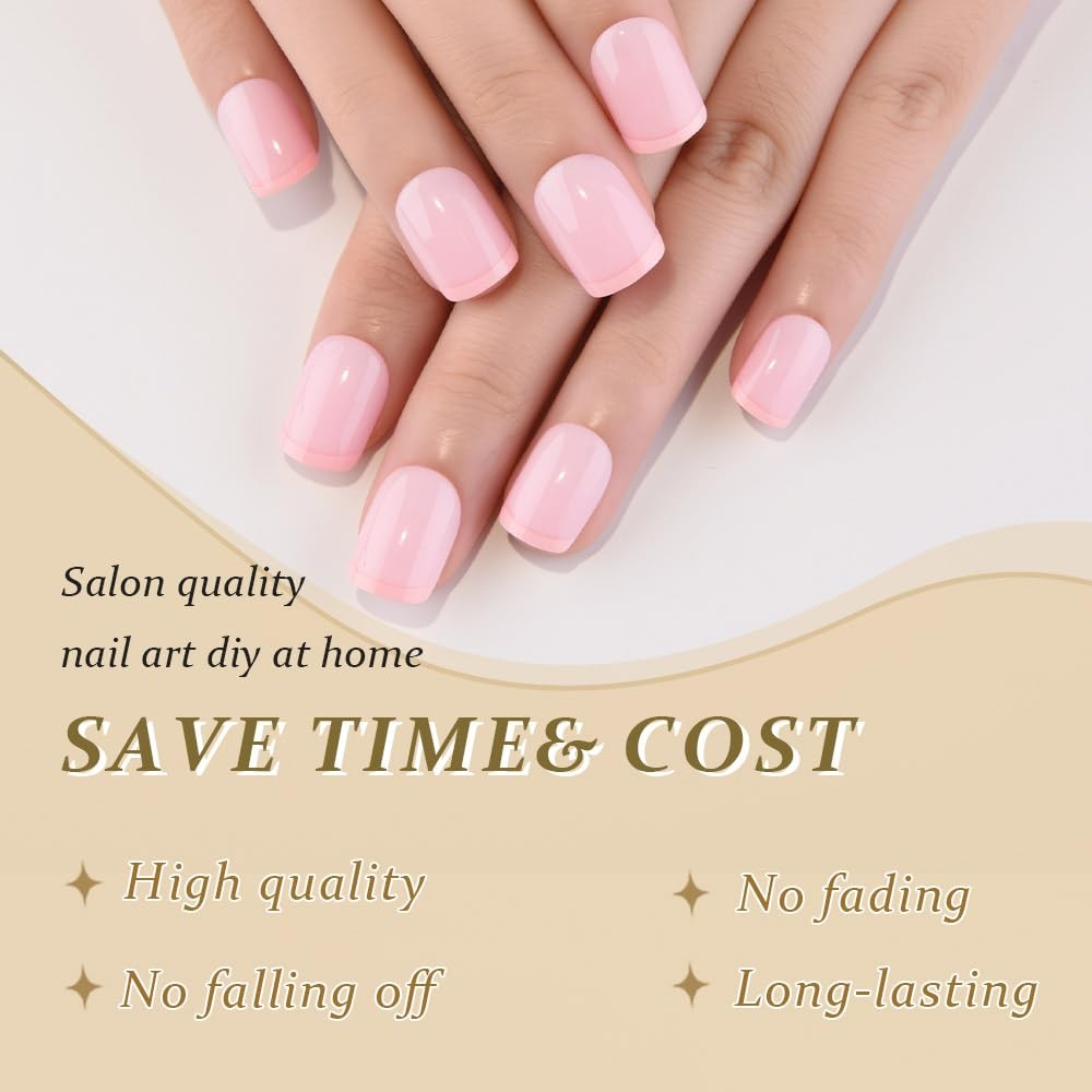 French Tips Press on Nails Nude Pink + Peach Tips Short Round (30 Count)