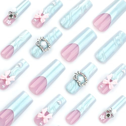 Long Square Press on Nails French Tip Fake Nails Blue False Long Style-C5C34