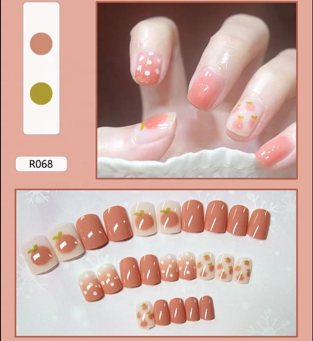 24 Peachy keen Short Press on nails kit w glue file Peach nude design kawaii