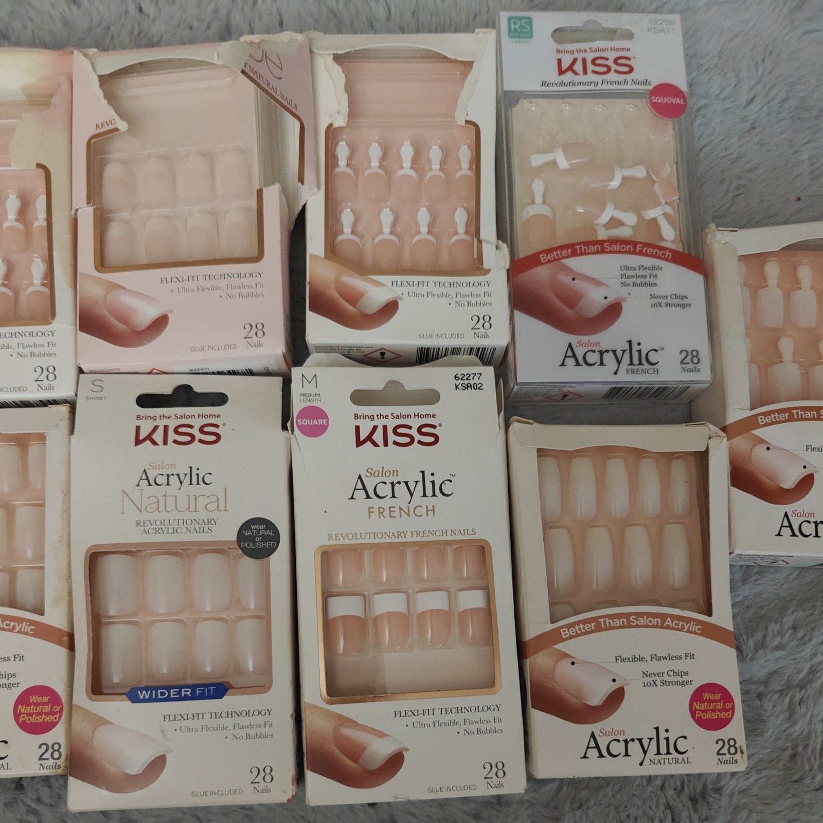 Lot of 9 KISS Salon Acrylic French & Natural Nails Square Medium NEW Box Damage