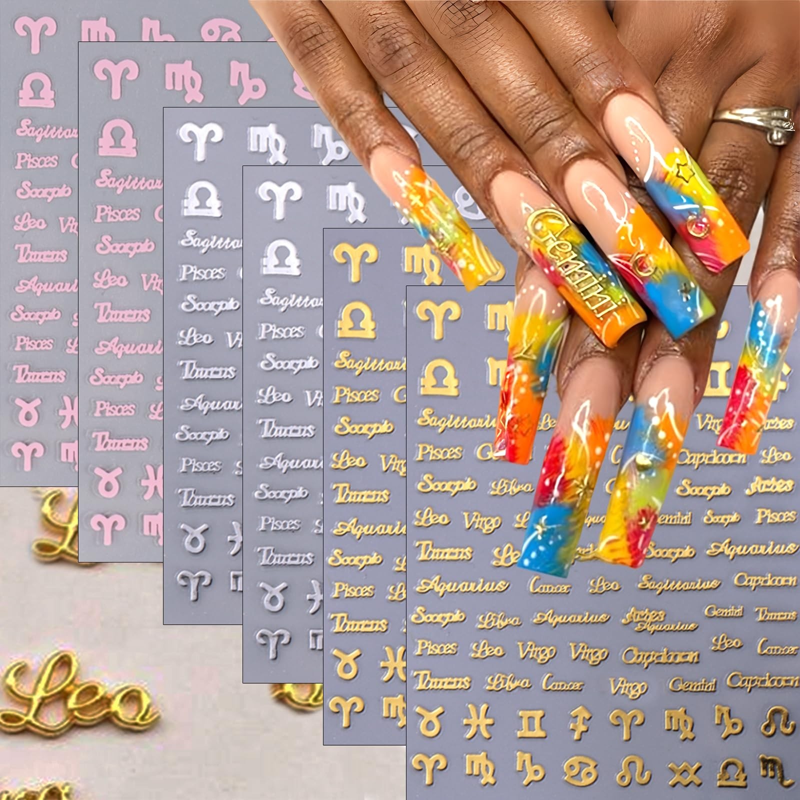 SHUXILIN Zodiac Letter Nail Stickers 6 Sheets Gold Silver Pink