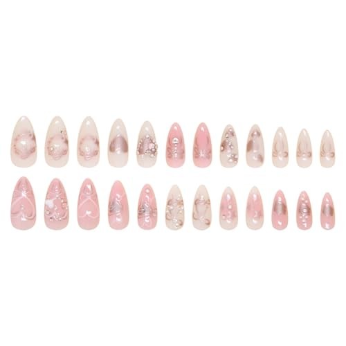 Pink Press on Nails Short Almond Fake Nails 3D Heart Pearl Bow Fake Nails-1