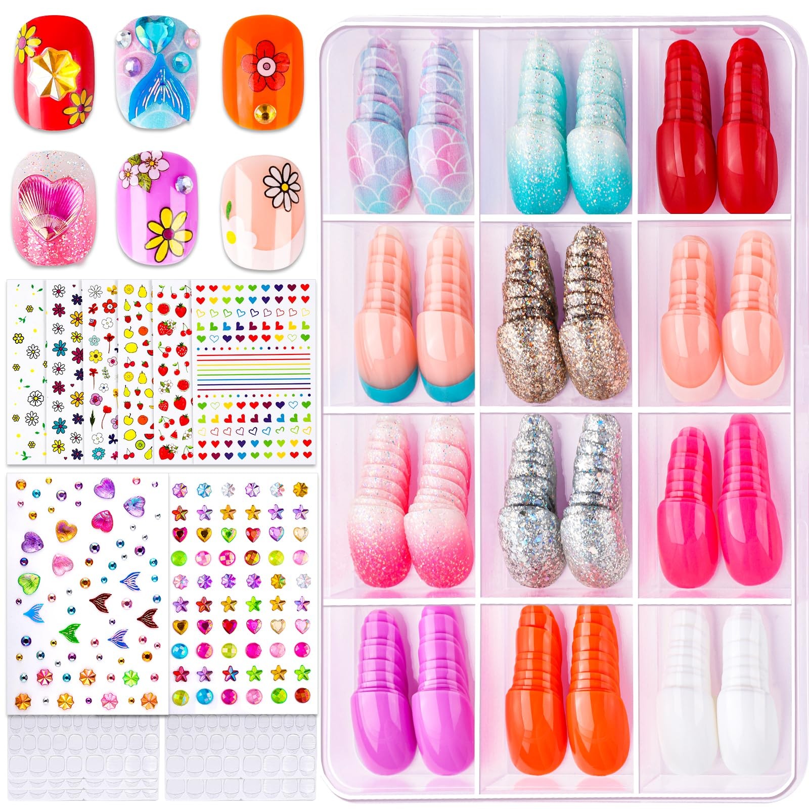 Press On Nails 12 Style 6 Sheet 3D Rhinestone Mermaid Colorful Nail Art Kit