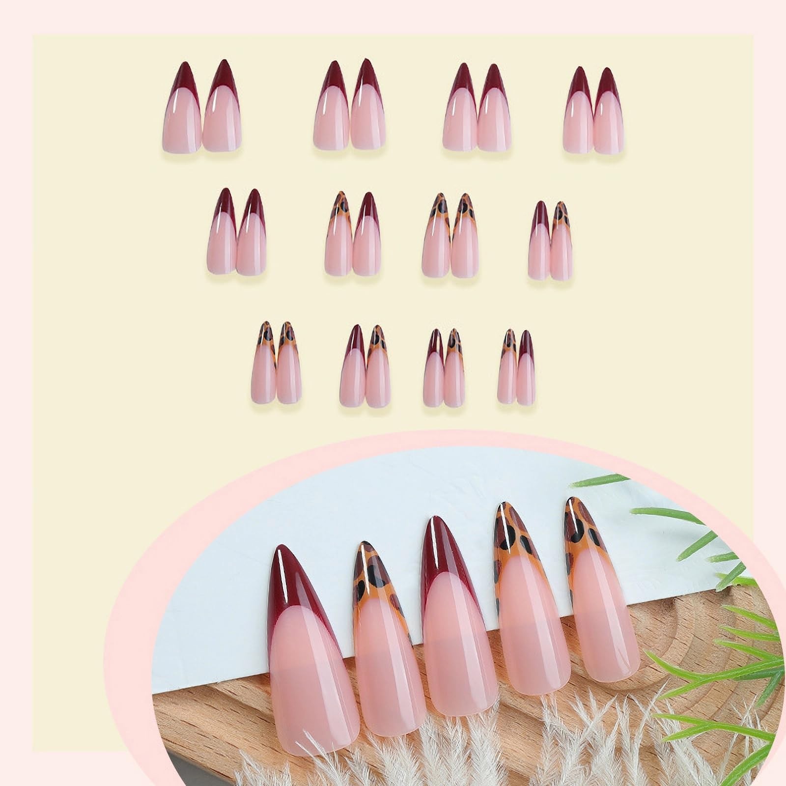 MISUD Press on Nails – Long Stiletto 0.04 Fl Oz (Pack of 24), 066A10Burgundy