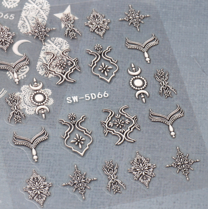 5D Embossed Retro Lace Totem Pendant Jewelry Flower Moon Nail Art Stickers NS53