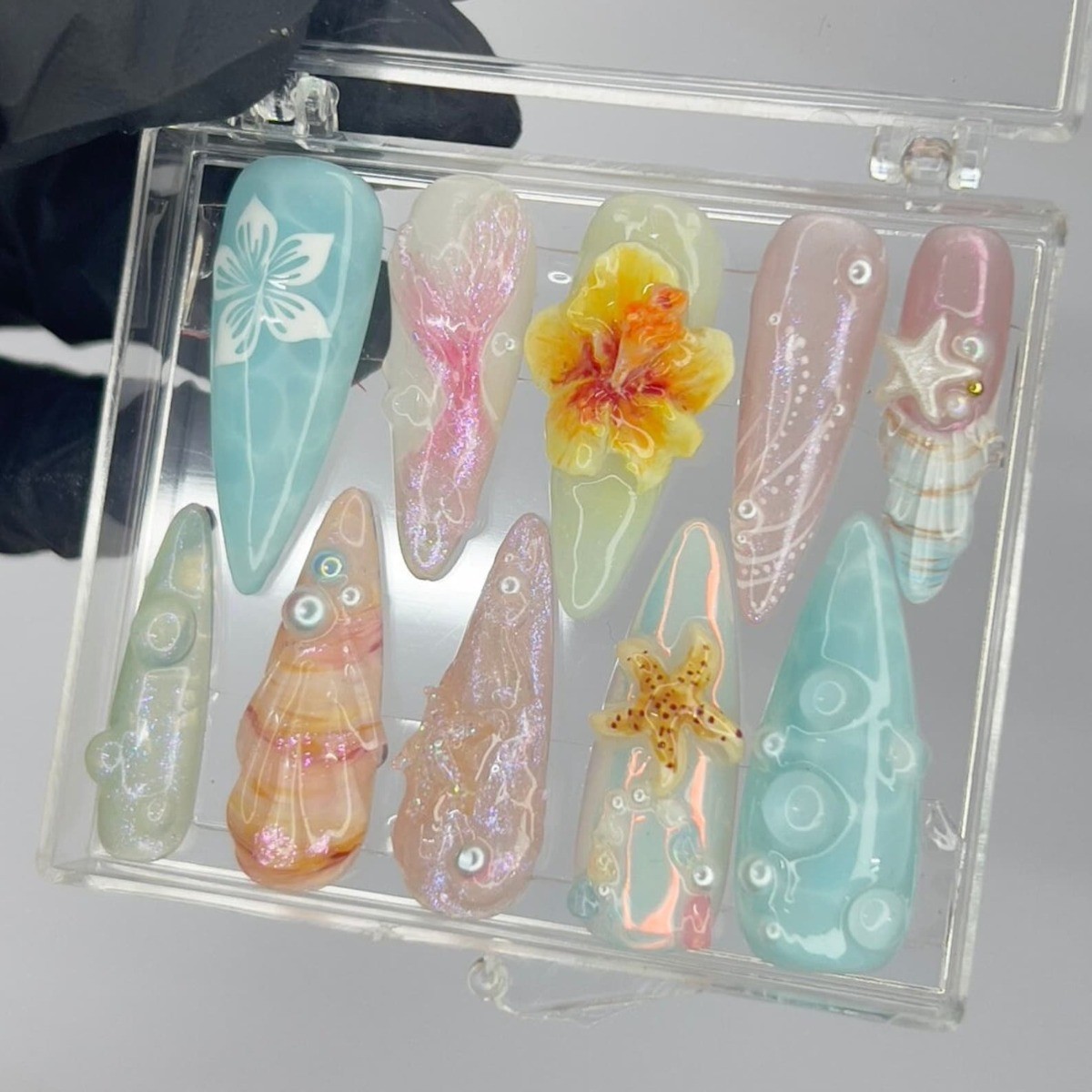 Beach Mermaid Handmade Press on Nails Star Shell Glitter Pastel Fake Nails