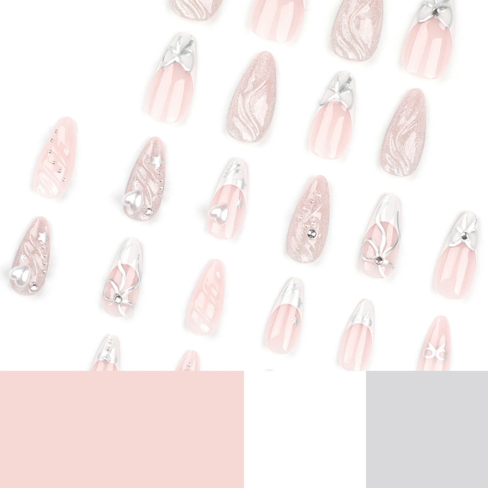 3D Press On Nails Self Adhesive Almond Shape with Heart Bow French Tip Design