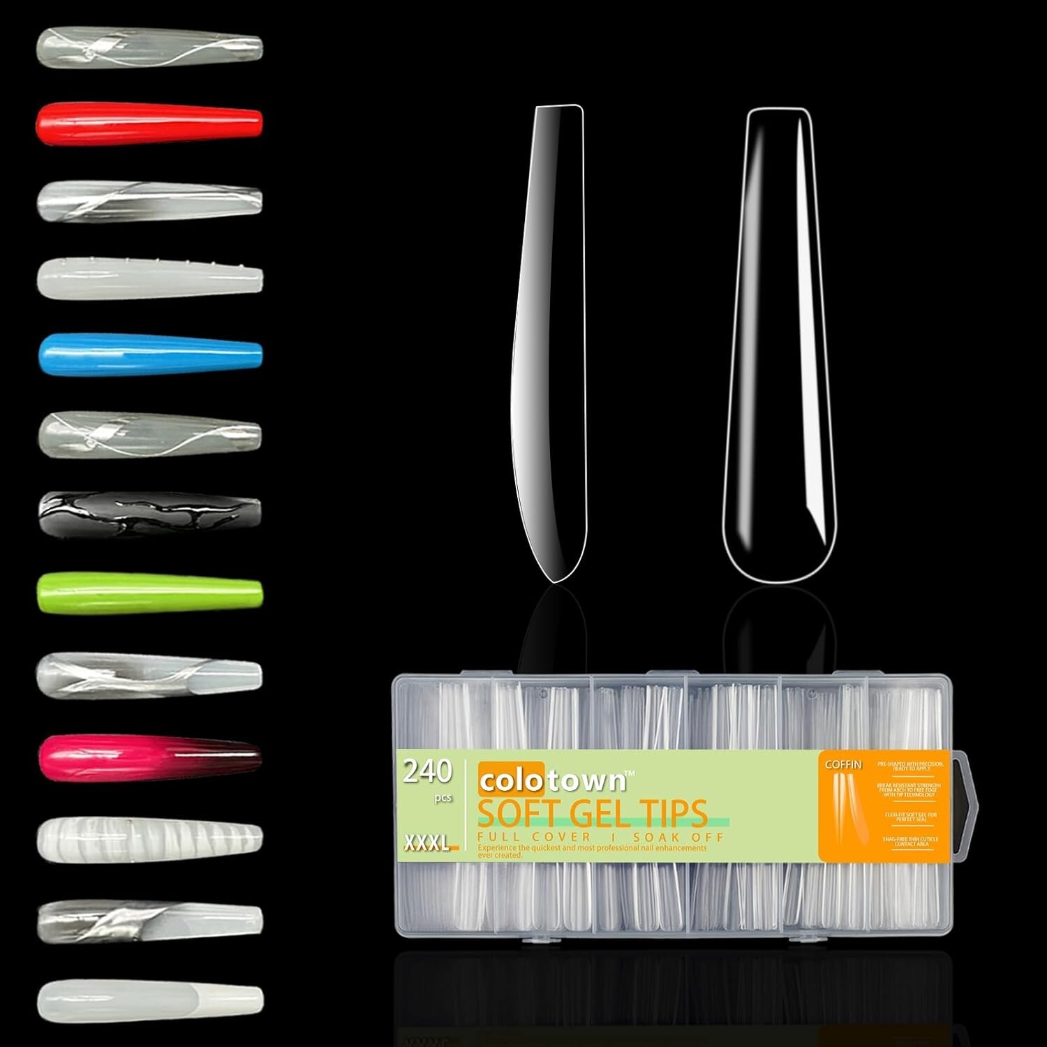 240 Pcs 2.2 Inch Full Cover 3XL Coffin, Extra Long Soft Gel Nail Tips 12 sizes