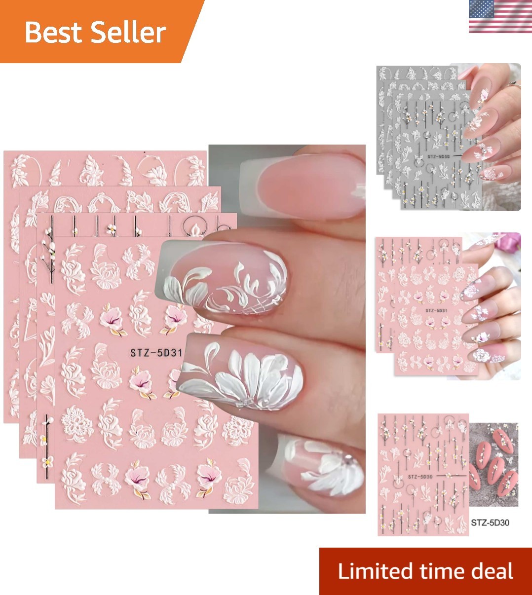 5D Spring Floral Nail Art Stickers – 4 Self-Adhesive Sheets for Elegant Nails
