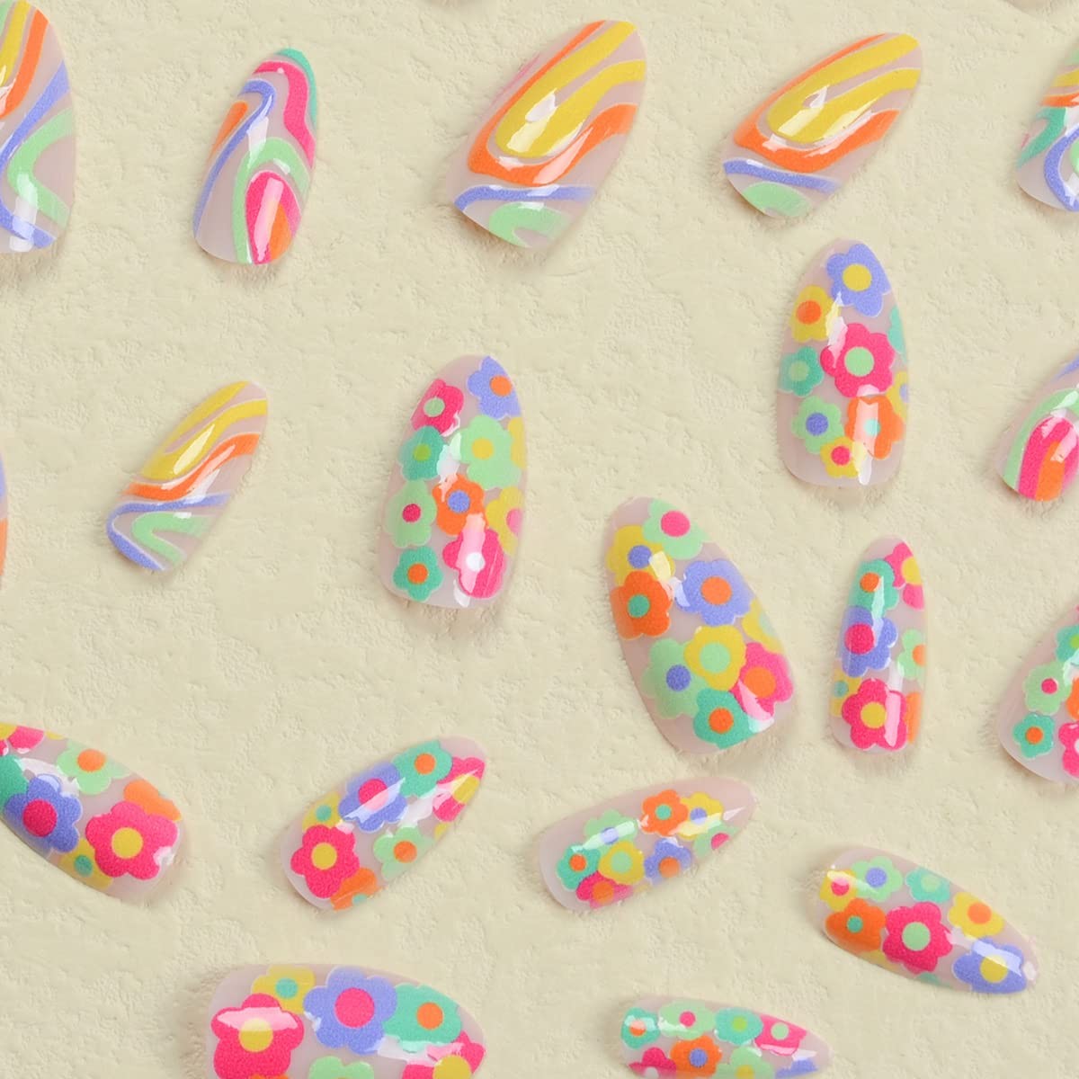 24Pcs Colorful Flower Press on Nails Medium Almond Shape Fake Medium, Style D