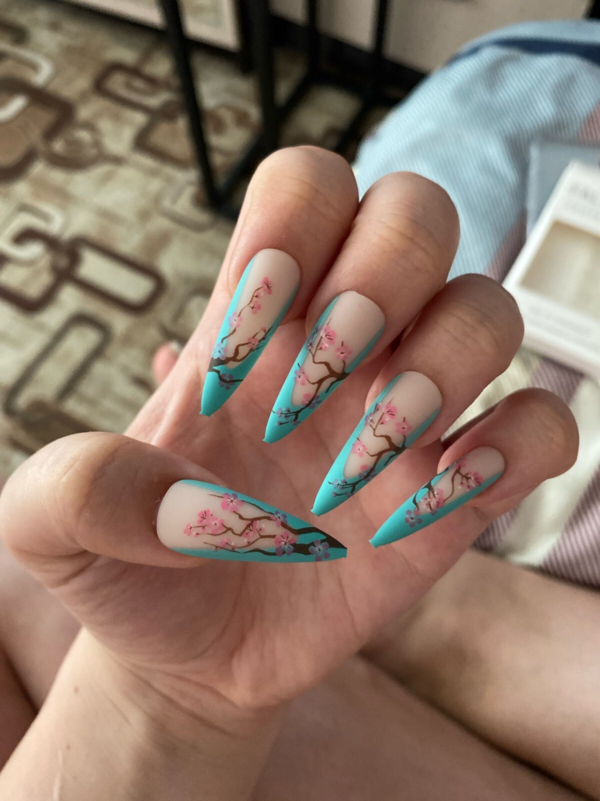 Cherry Blossom Ombre French Press On Nails With Glue Stiletto extra long matte