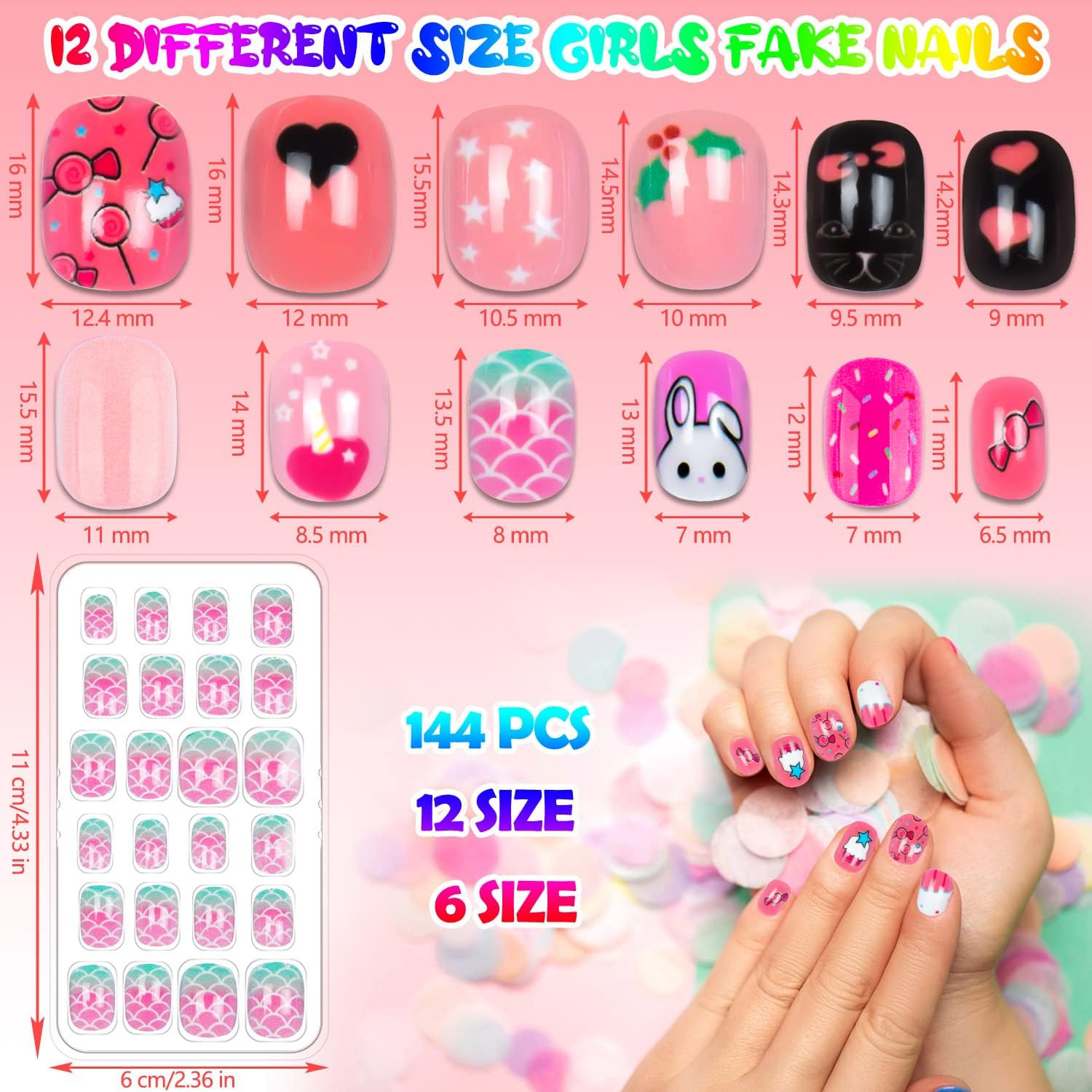 144 Pieces Press on Nails for Kids Children Fake Nails for Girls Artificial Kids