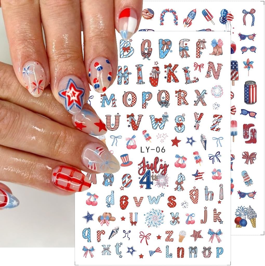 6 Sheets 4th of July 3D Nail Stickers Patriotic Flag Fireworks Nail Decals