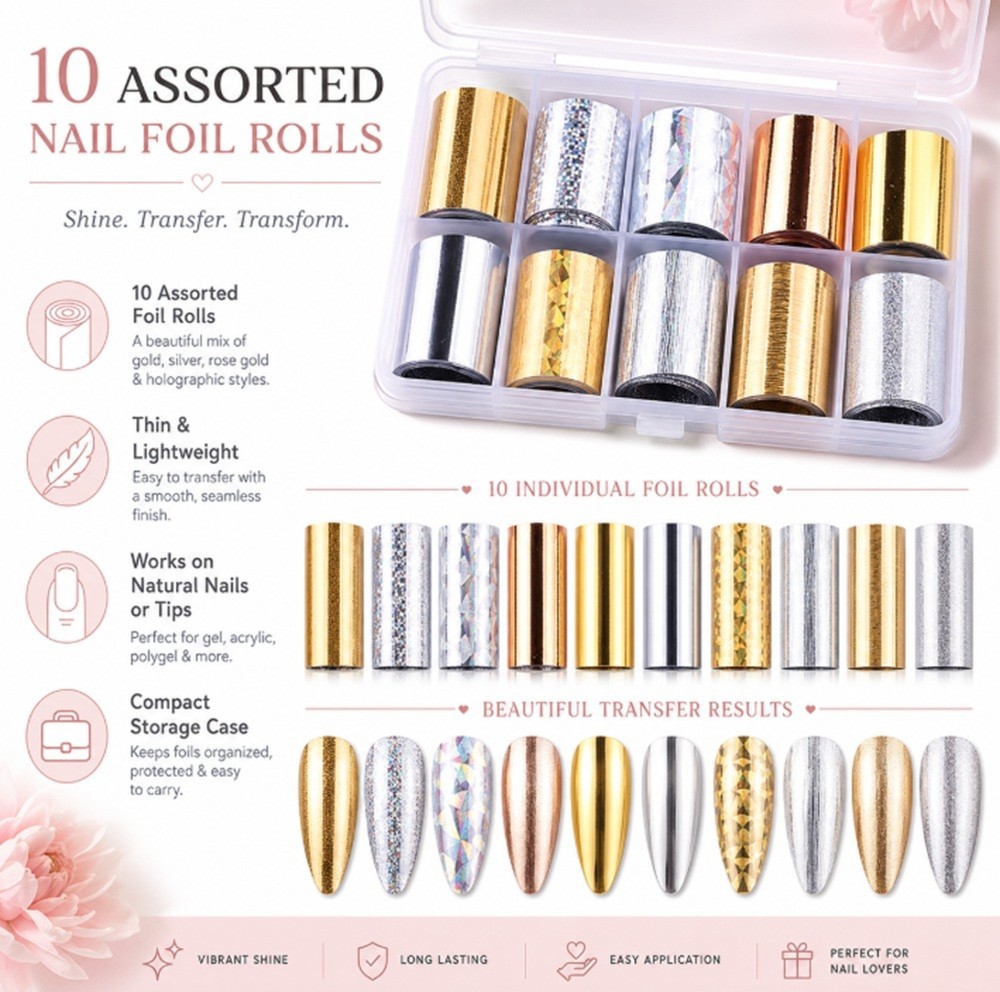 10-Piece Holographic Starry Sky Nail Foils – Glitter Nail Art Transfer Stickers