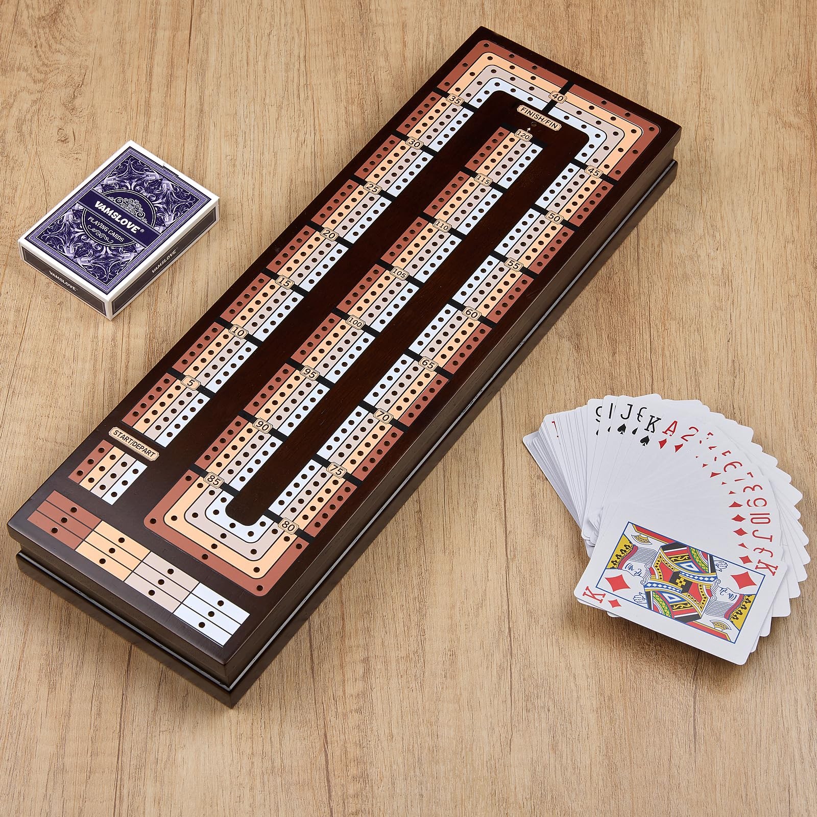 VAMSLOVE Upgraded Wooden 4-Track Cribbage Board Game Magnetic Large