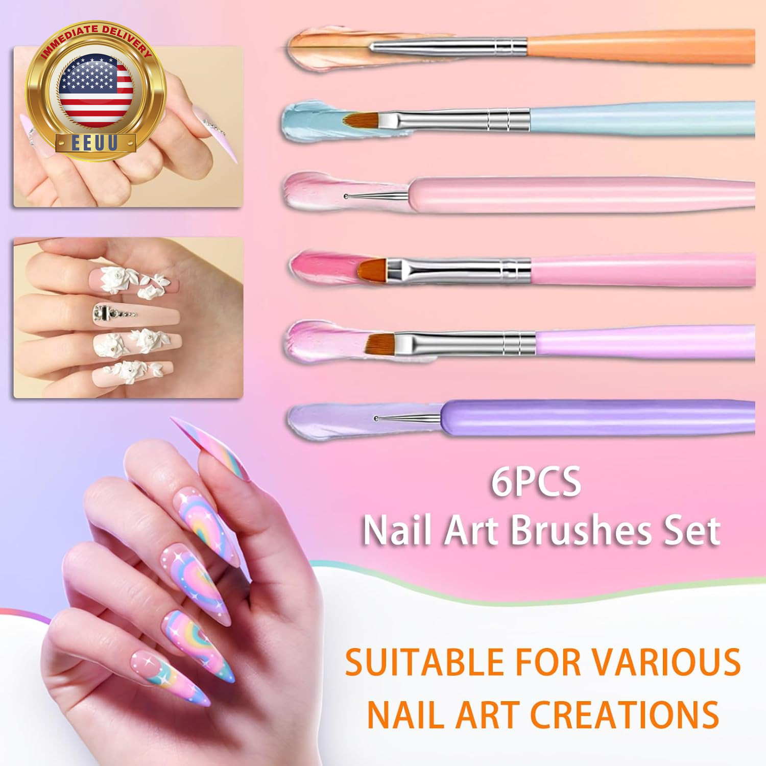 6PCS Nail Art Brushes Set, Nail Design Painting Brushes Builder Gel Brush Nail D