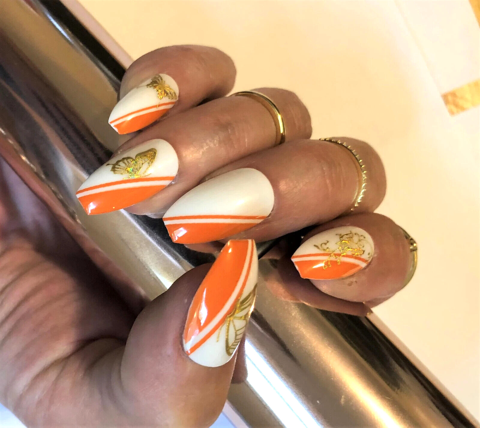 White and Orange with Butterflies Press-On Nail Set – Long Ballerina (Size 0-8)