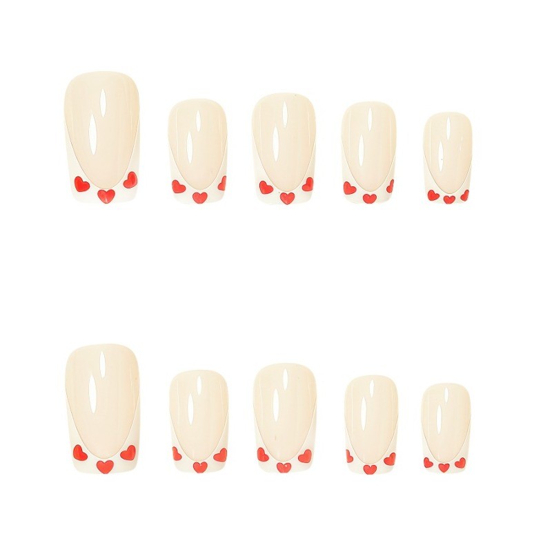 48PCS short square bare red heart-shaped French pointed nail press, reusable