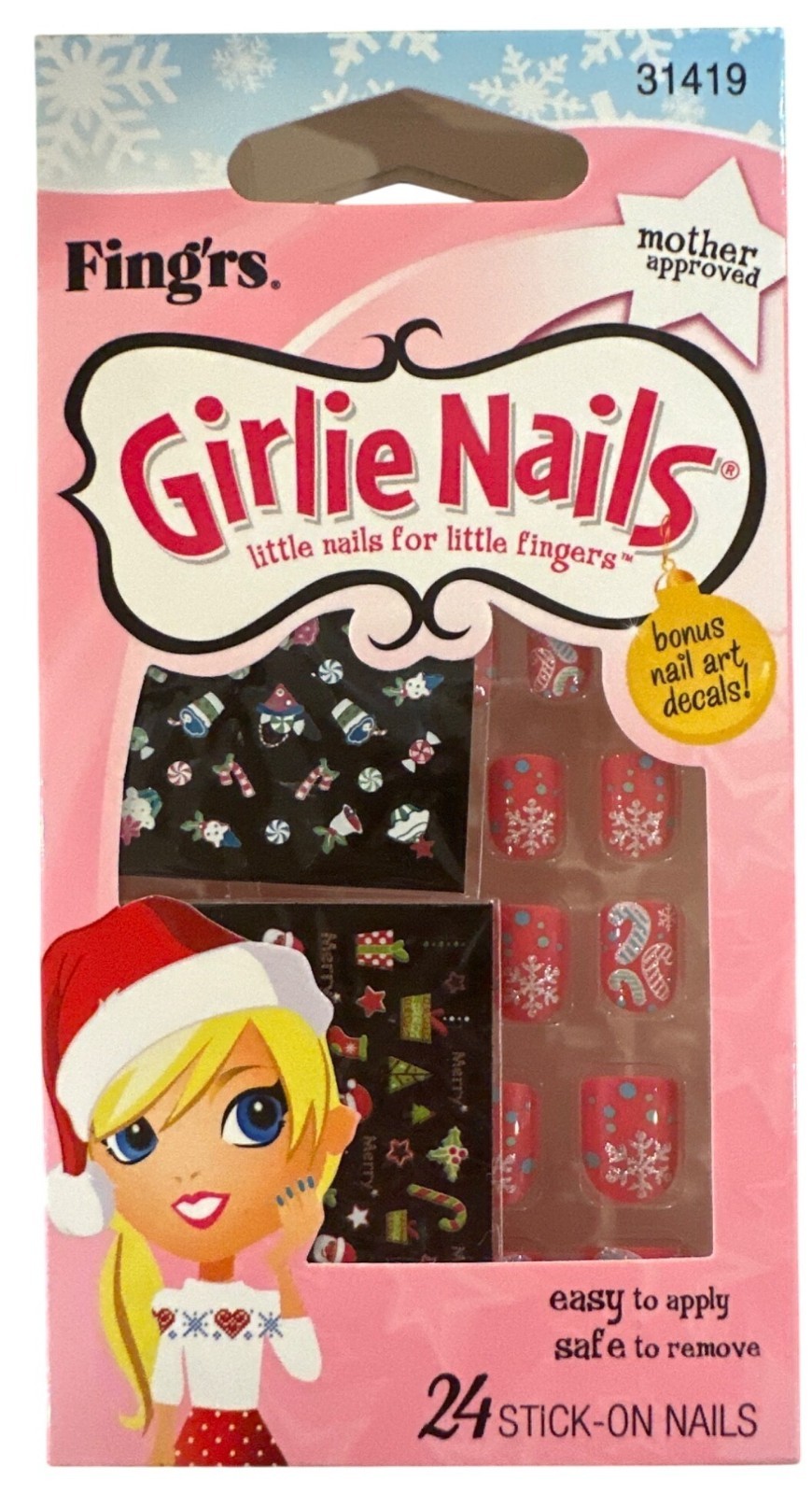 Little Fingr’s GIRLIE NAILS #31419 24 Stick-On Nails & Stickers SNOWFLAKES+CANES