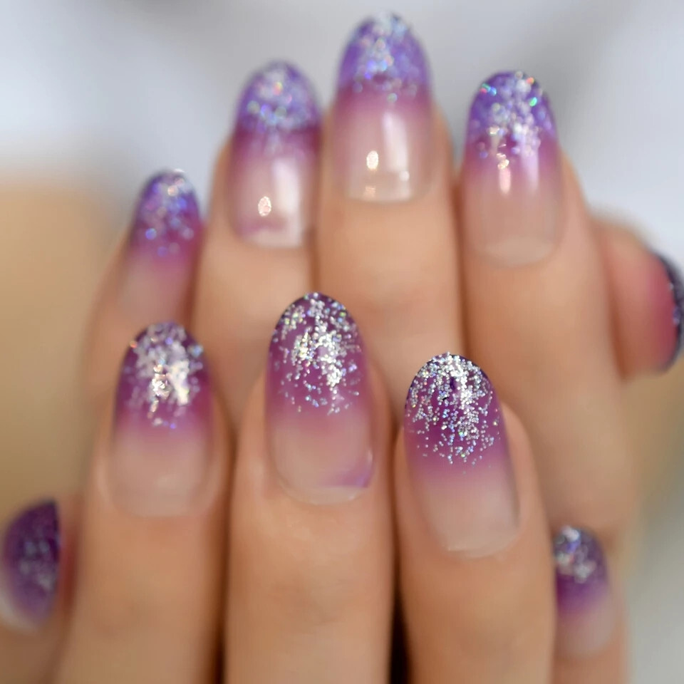 24 Medium Press on Nails kit glue on grape jelly ombre glitter clear