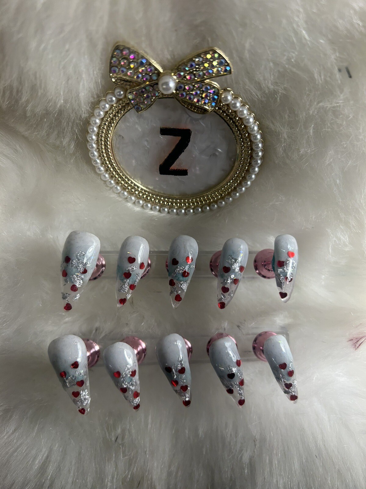 Z NAILZ! Handmade L Stiletto Set of Clear W/White Cuticle. Red Hearts Press Ons