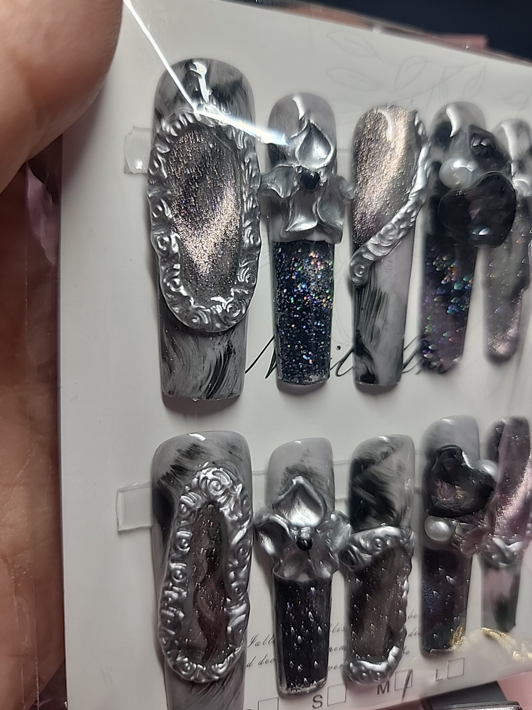 Press On Nails Handmade Medium Long Square Charcoal cateyes Water nails