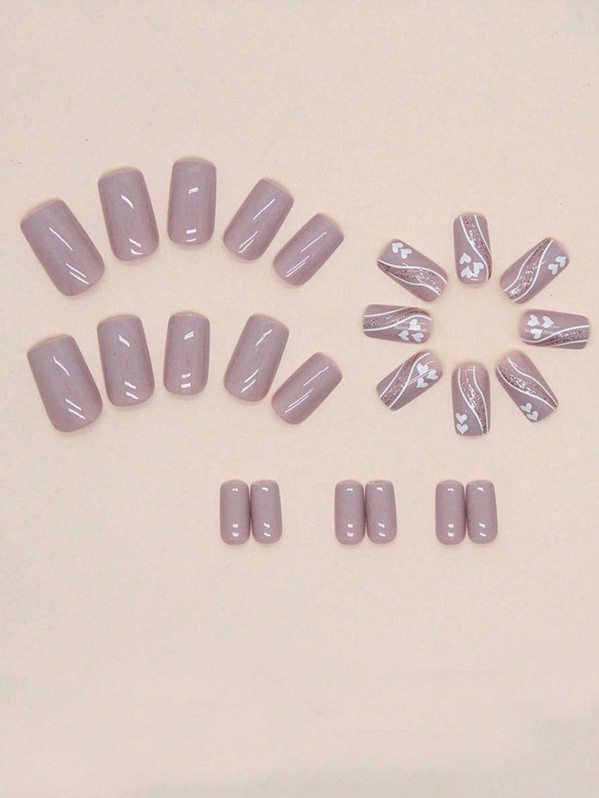 24pcs Short Square Simple Lines Of Love Pattern Heart Print Fake Nail False