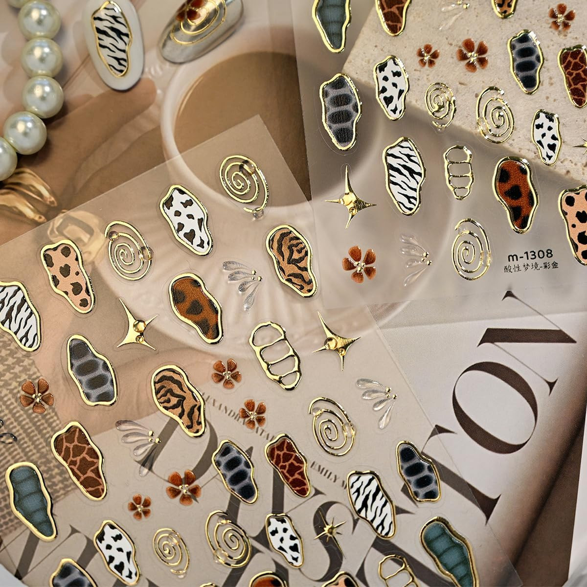 Leopard Print Nail Art Stickers 5D Embossed Retro Gold Nail Decals Self-Adhesive