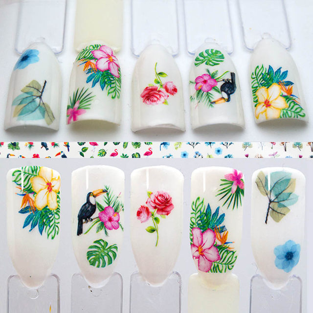 Nail Art Water Transfer Sticker Ink Flower Green Leaves Rose Bird Floral Decals