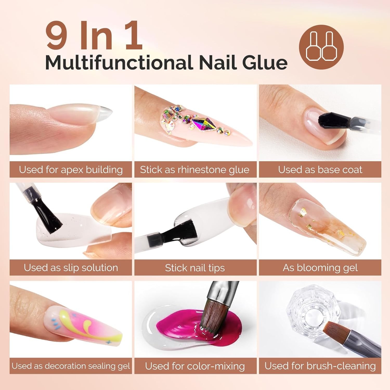 9 in 1 No TPO Gel Nail Glue for False Nail Tips, 2Pcs*15Ml Long Lasting