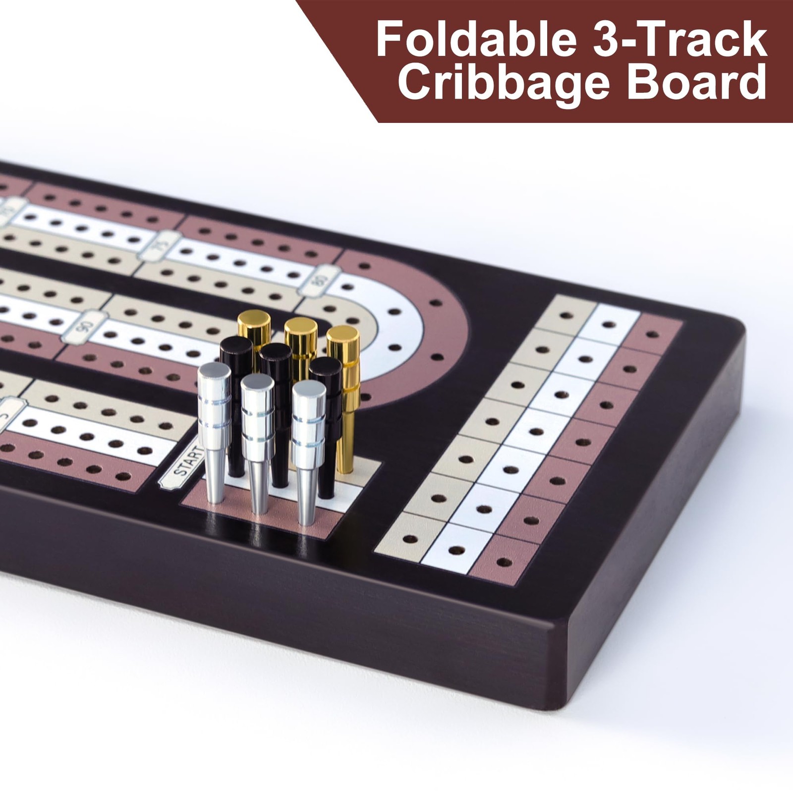 Cribbage Board Game Set – Wooden Foldable 3-Track 4.3 x 7.67 inches