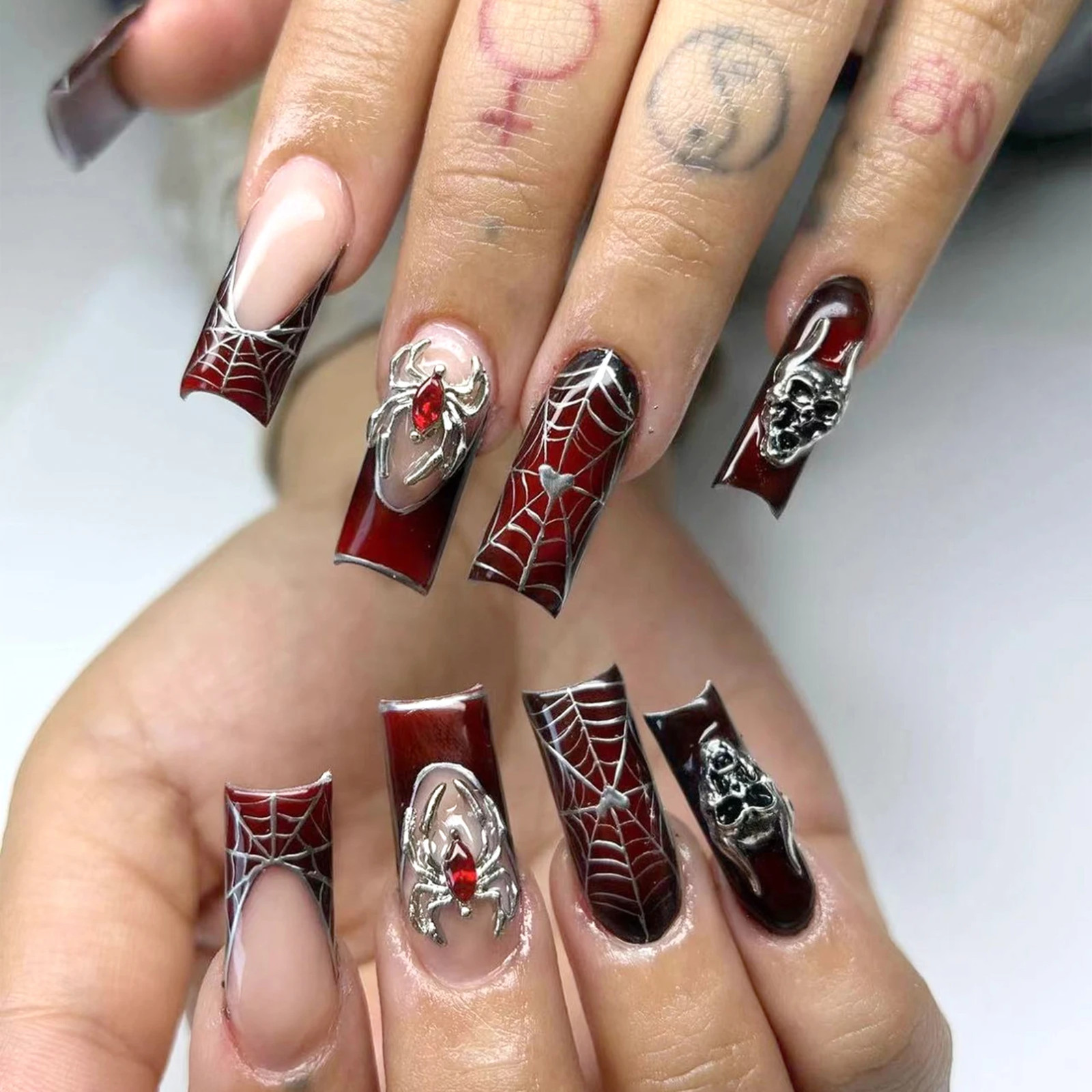 24pcs Halloween Spider Fake Nails French Coffin Full Cover Artificial Nail Tips