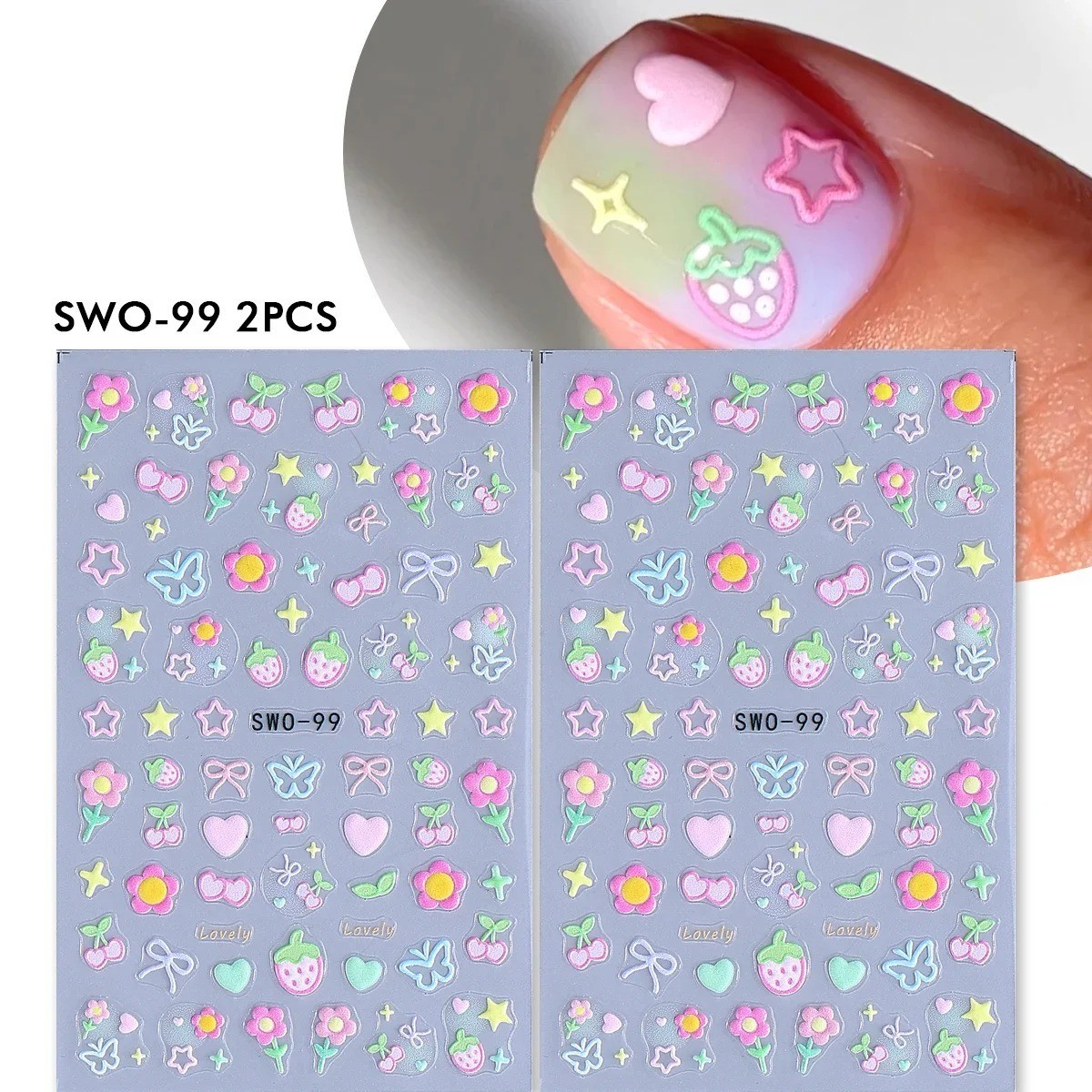 2PCS Sweet Element Nail Art Stickers Simple Flower Heart Cherry Strawberry Kawai