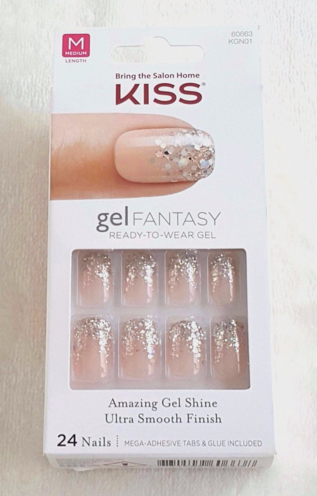 KISS Gel Fantasy 24 Gel Nails FANCIFUL #74144 Nude+Shiny Silver Confetti/Glitter