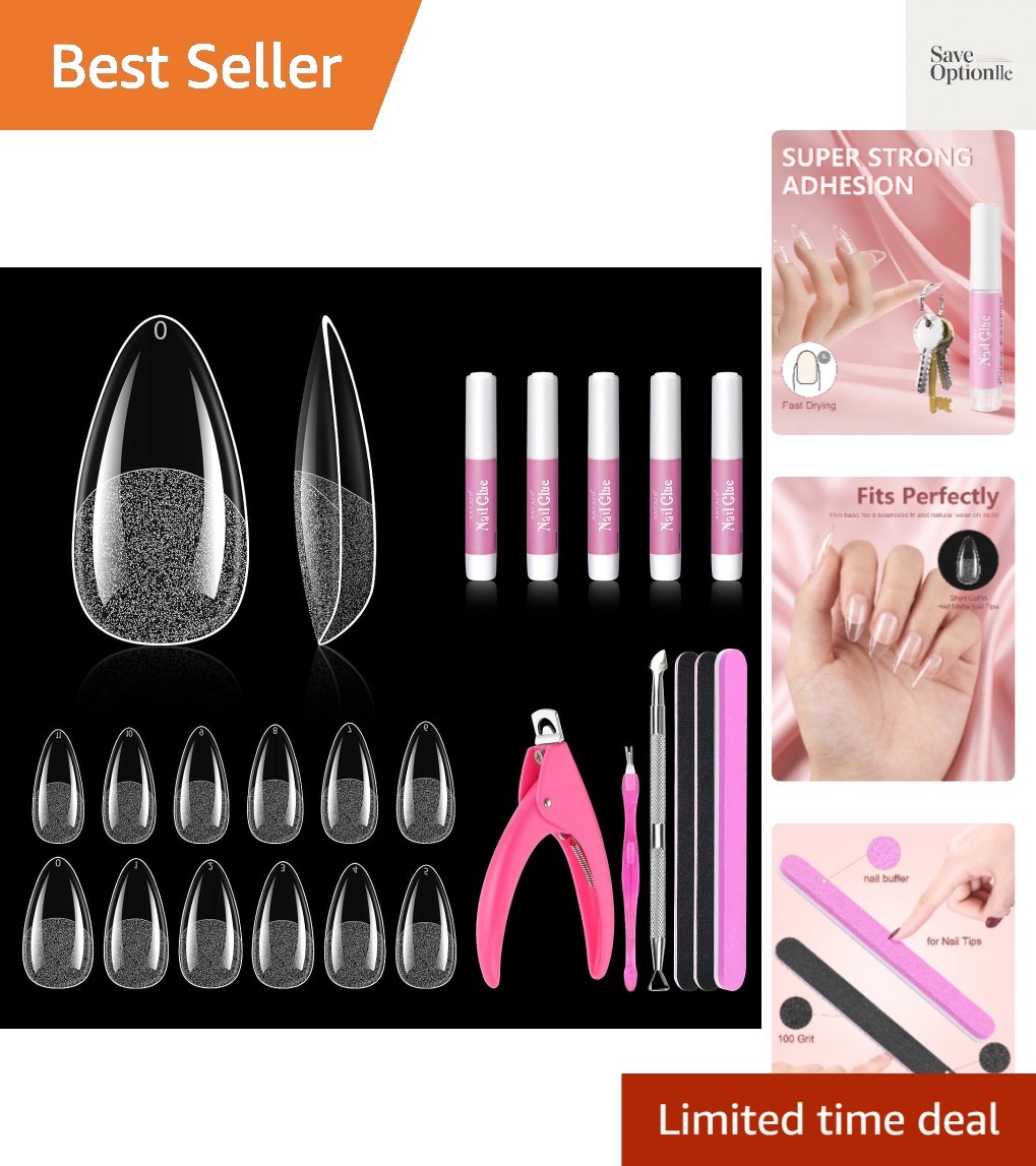 480Pcs Clear Almond Fake Nail Tips Kit Full Cover | ABS Nail Kit, 12 Sizes 0-…