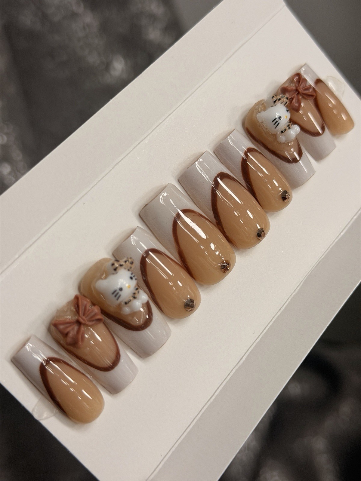 ✨ CUSTOM Press On Nails Brown Nude HELLO KITTY BLING 10p SET W Kit