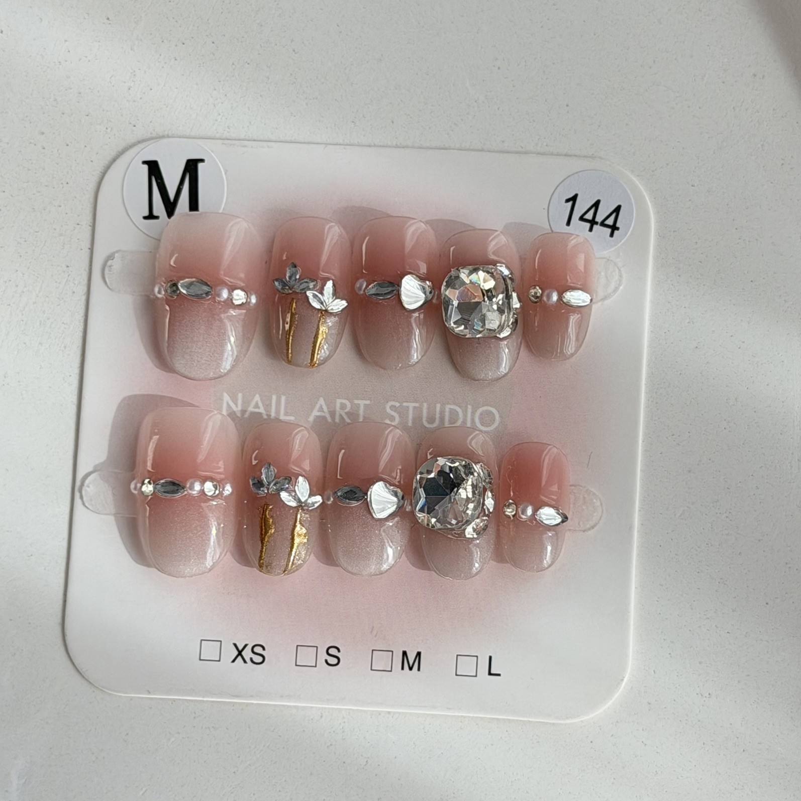 Handmade Pink Nude Flower Rhinestone Short Oval Press-On Nails Size M Reusable